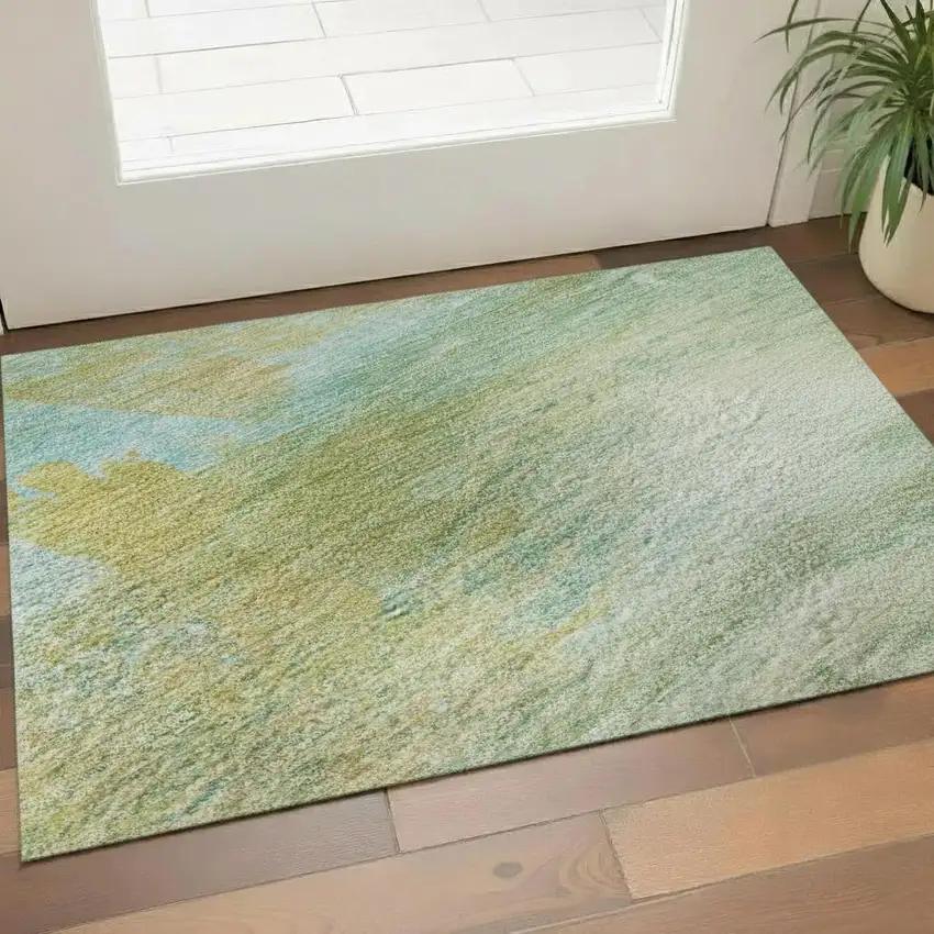 Green And Teal Abstract Washable Area Rug With UV Protection Photo 2