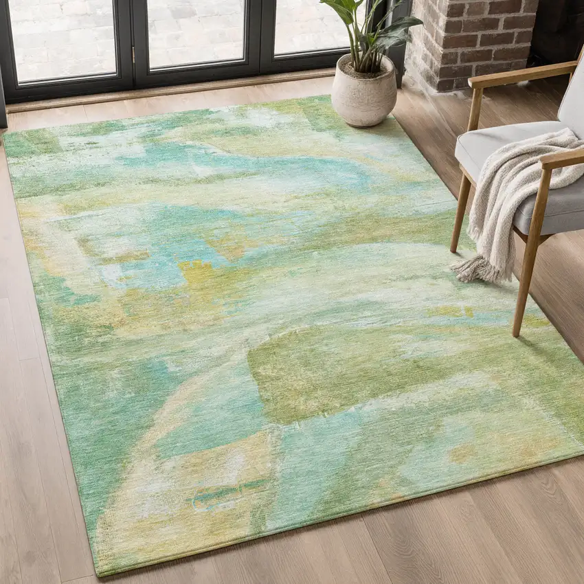 Green And Teal Abstract Washable Area Rug With UV Protection Photo 4