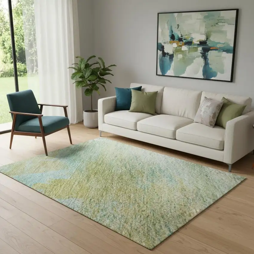Green And Teal Abstract Washable Area Rug With UV Protection Photo 2