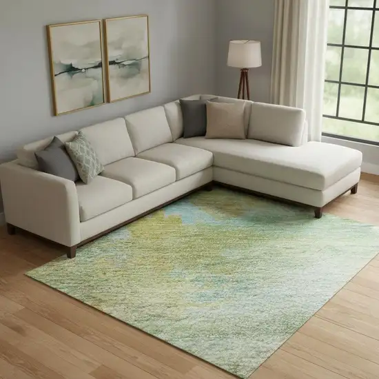 Green And Teal Abstract Washable Area Rug With UV Protection Photo 2