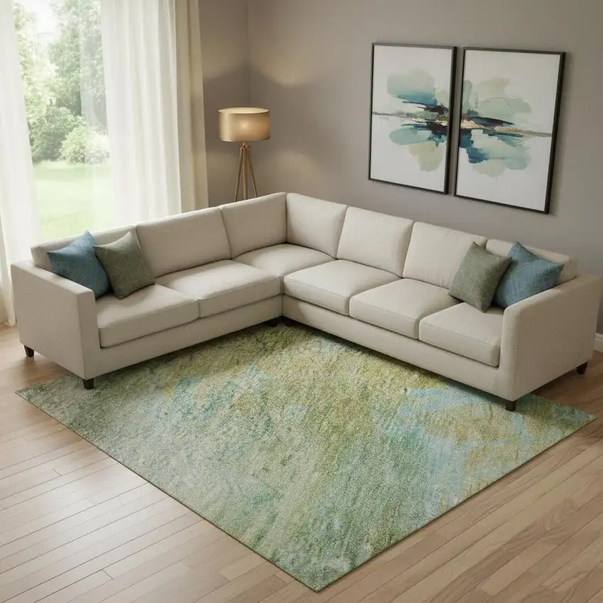 Green And Teal Abstract Washable Area Rug With UV Protection Photo 2