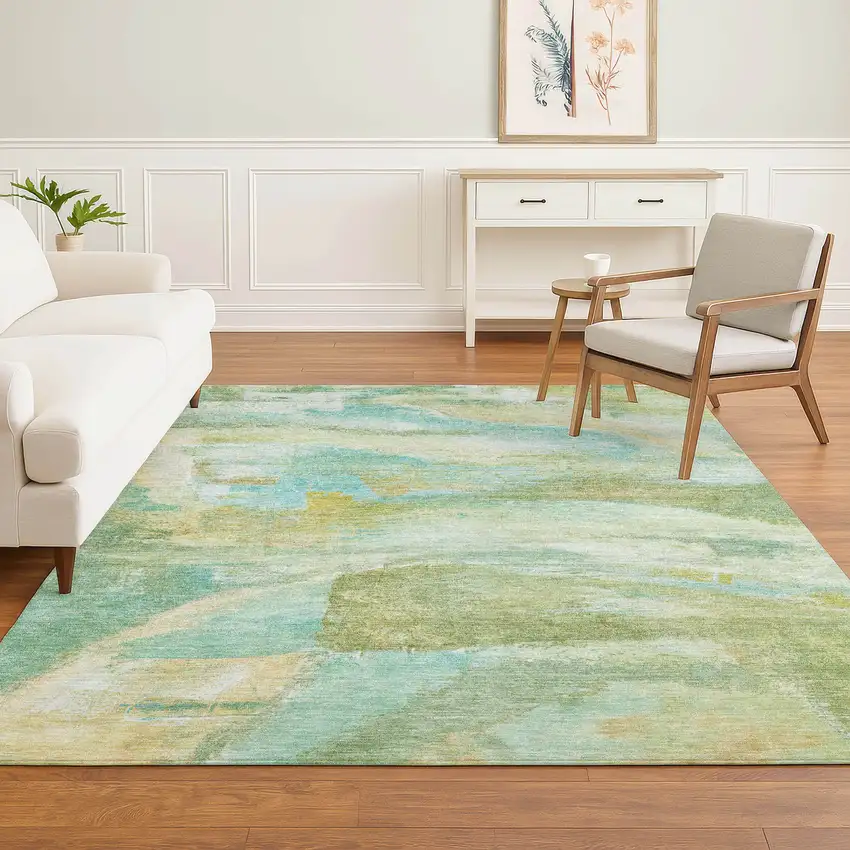 Green And Teal Abstract Washable Area Rug With UV Protection Photo 5