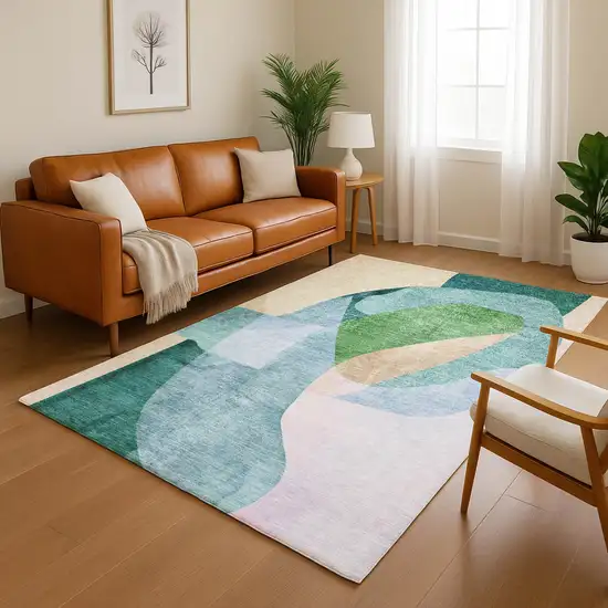 Green And Teal Abstract Washable Area Rug With UV Protection Photo 4