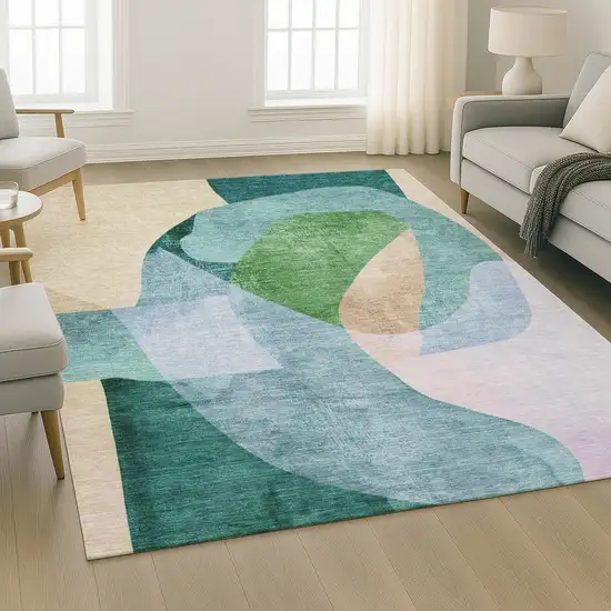 Green And Teal Abstract Washable Area Rug With UV Protection Photo 6