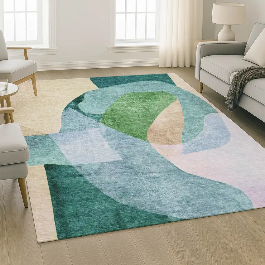 Green And Teal Abstract Washable Area Rug With UV Protection Photo 6
