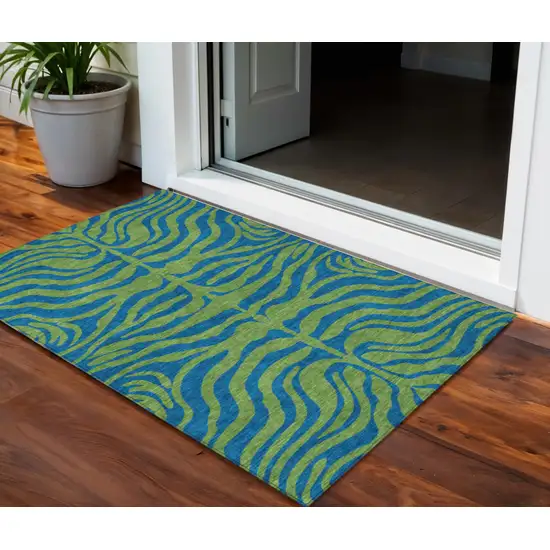 Green And Teal Blue Animal Print Washable Indoor Outdoor Area Rug Photo 1