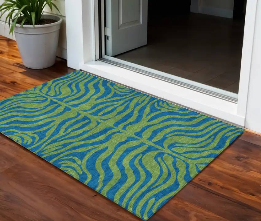 Green And Teal Blue Animal Print Washable Indoor Outdoor Area Rug Photo 1