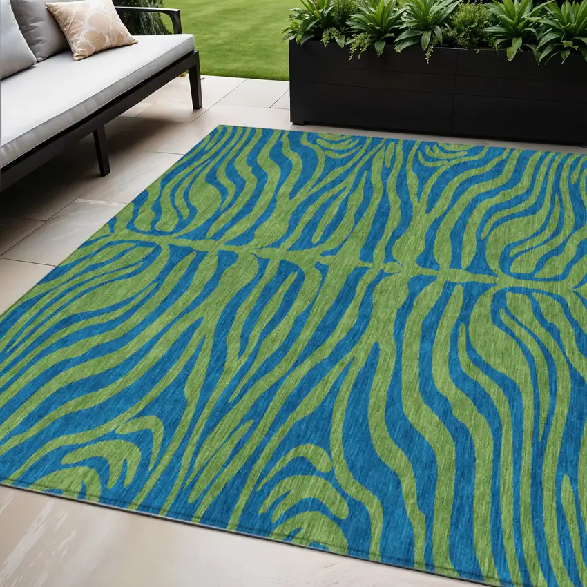 Green And Teal Blue Animal Print Washable Indoor Outdoor Area Rug Photo 1