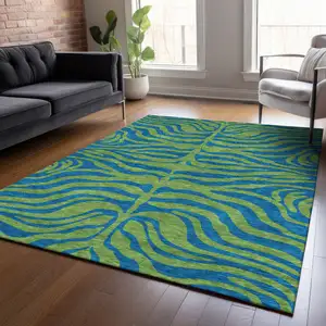 Photo of Green And Teal Blue Animal Print Washable Indoor Outdoor Area Rug