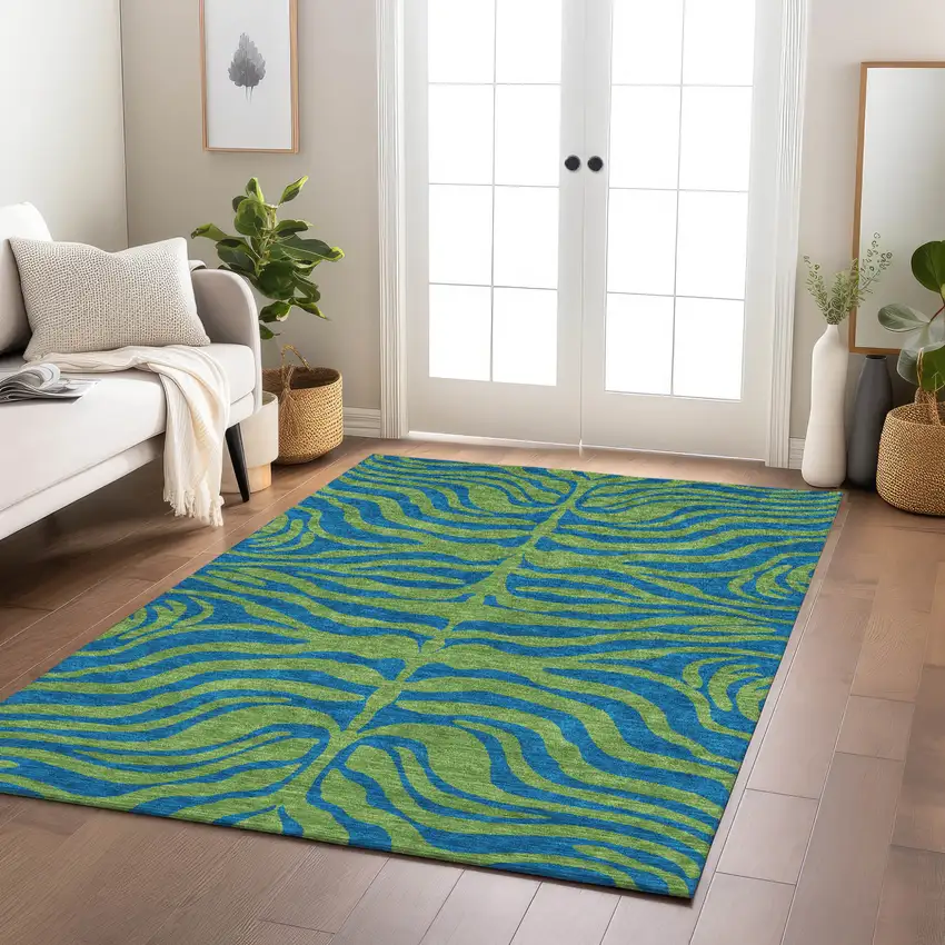 Green And Teal Blue Animal Print Washable Indoor Outdoor Area Rug Photo 9