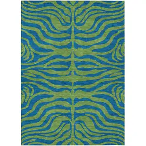 Photo of Green And Teal Blue Animal Print Washable Indoor Outdoor Area Rug