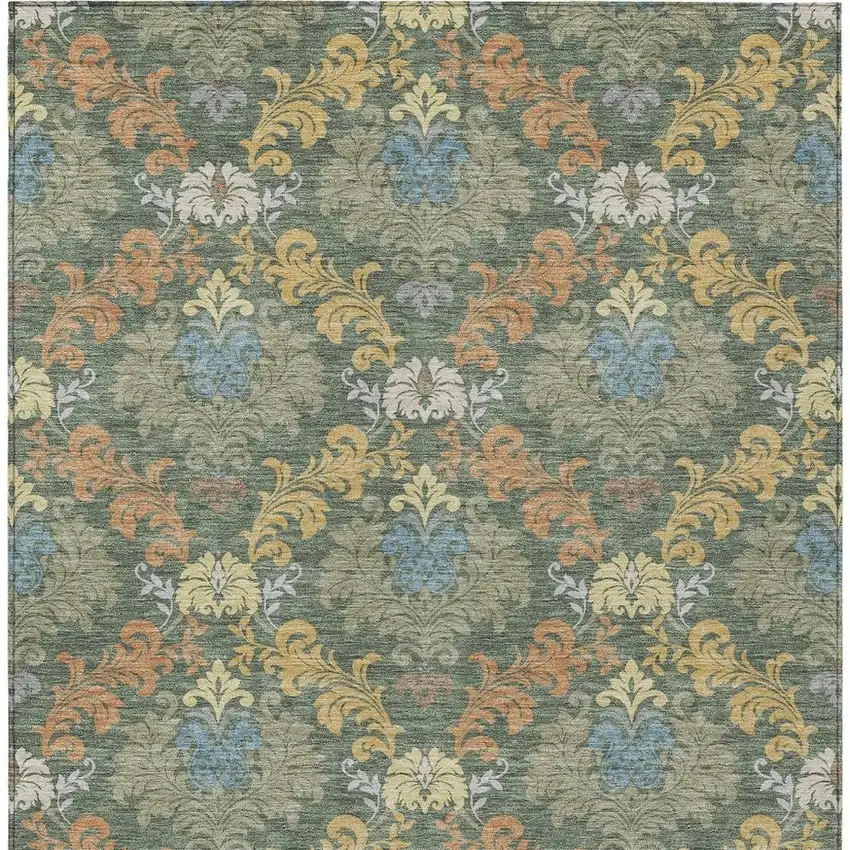 Green And Teal Blue Damask Washable Indoor Outdoor Area Rug Photo 3