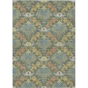 Photo of Green And Teal Blue Damask Washable Indoor Outdoor Area Rug