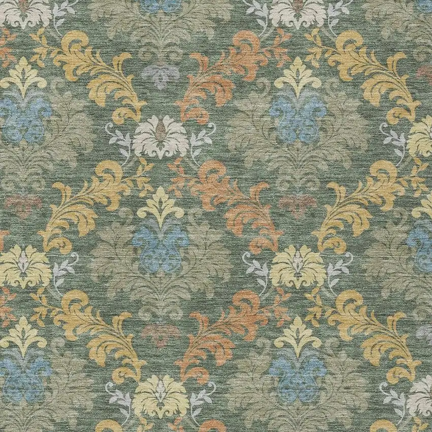 Green And Teal Blue Damask Washable Indoor Outdoor Area Rug Photo 2