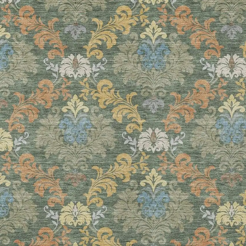 Green And Teal Blue Damask Washable Indoor Outdoor Area Rug Photo 2