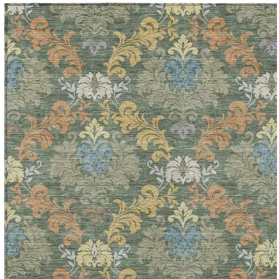 Green And Teal Blue Damask Washable Indoor Outdoor Area Rug Photo 2