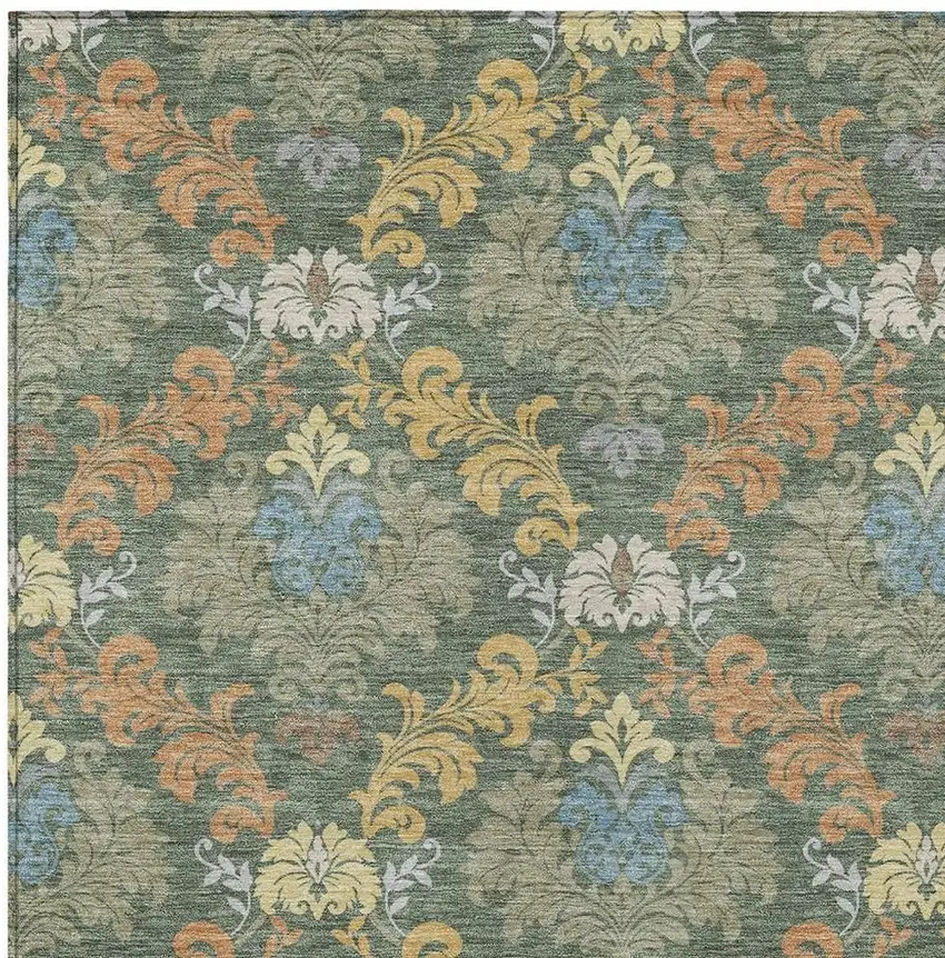 Green And Teal Blue Damask Washable Indoor Outdoor Area Rug Photo 2