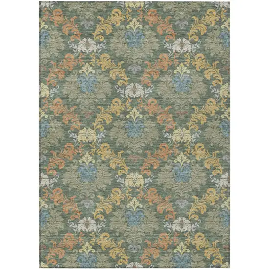 Green And Teal Blue Damask Washable Indoor Outdoor Area Rug Photo 1