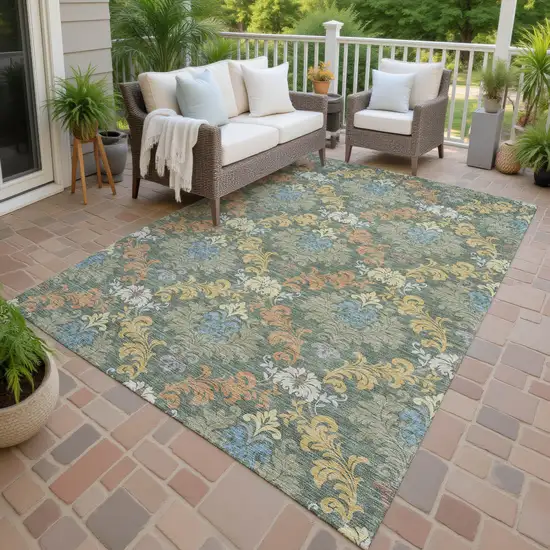 Green And Teal Blue Damask Washable Indoor Outdoor Area Rug Photo 4