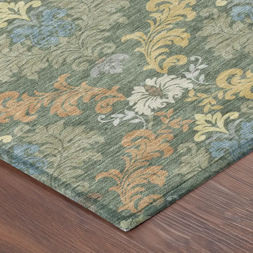 Green And Teal Blue Damask Washable Indoor Outdoor Area Rug Photo 8