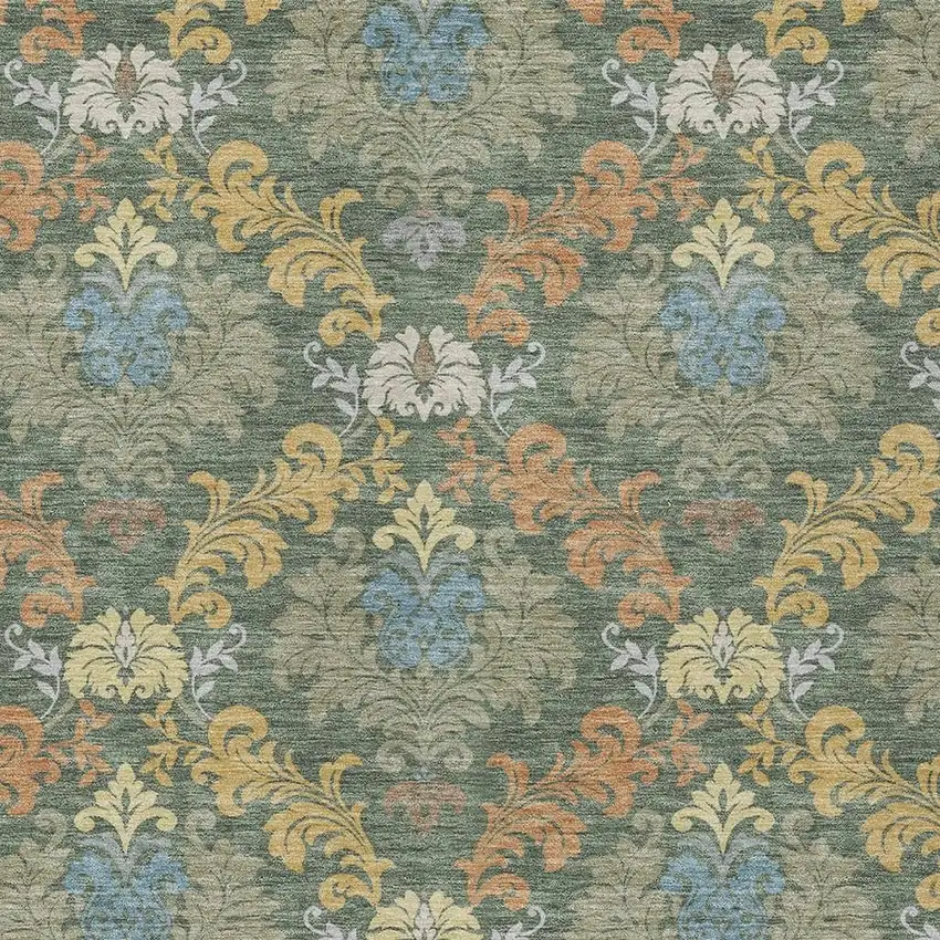 Green And Teal Blue Damask Washable Indoor Outdoor Area Rug Photo 2