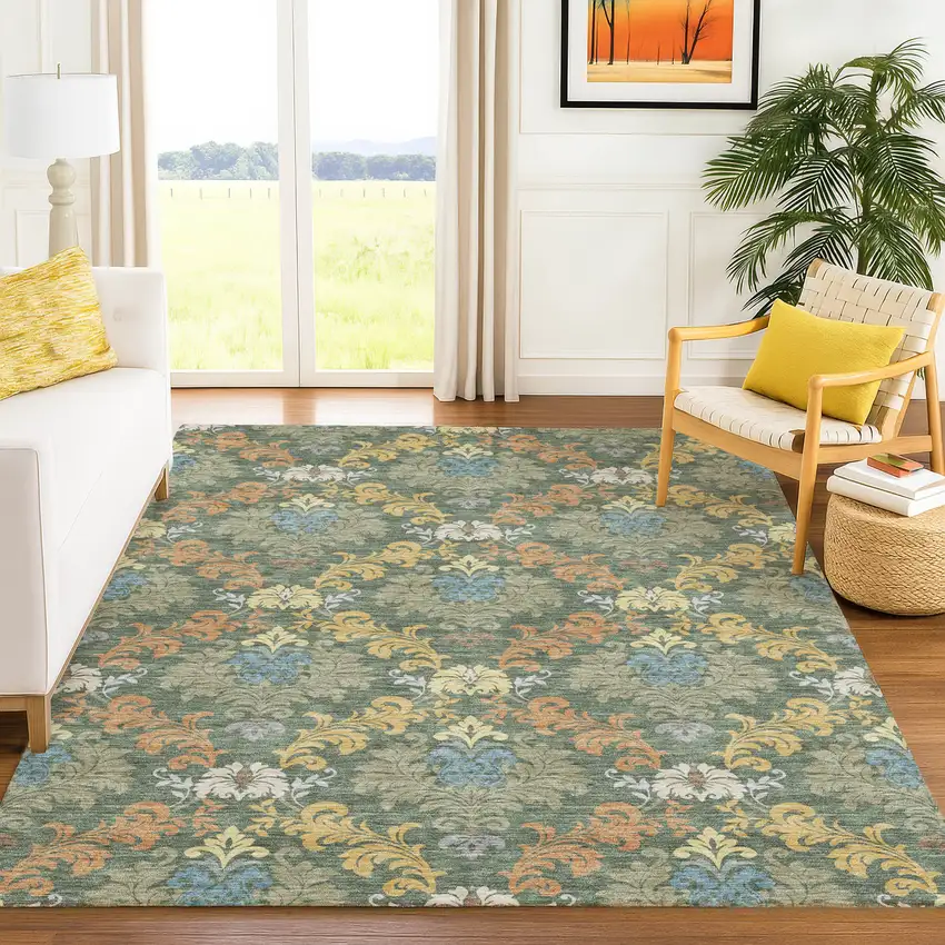 Green And Teal Blue Damask Washable Indoor Outdoor Area Rug Photo 6