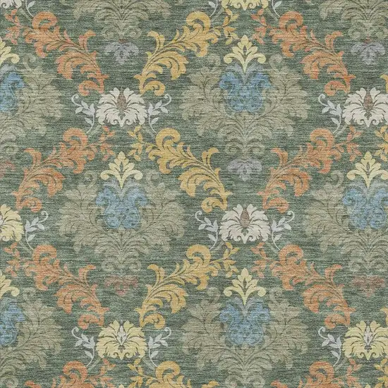 Green And Teal Blue Damask Washable Indoor Outdoor Area Rug Photo 2