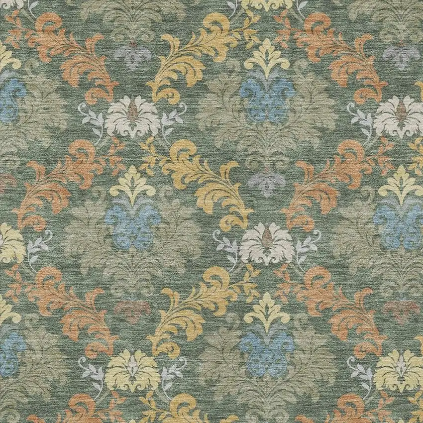 Green And Teal Blue Damask Washable Indoor Outdoor Area Rug Photo 2