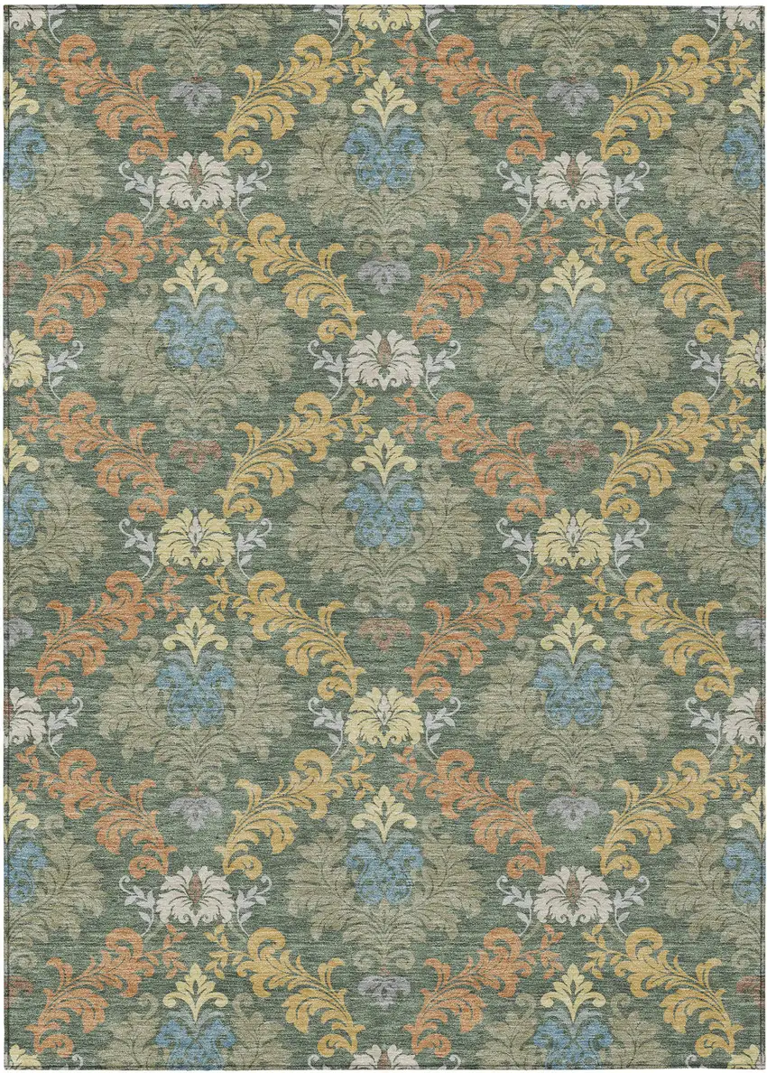 Green And Teal Blue Damask Washable Indoor Outdoor Area Rug Photo 1