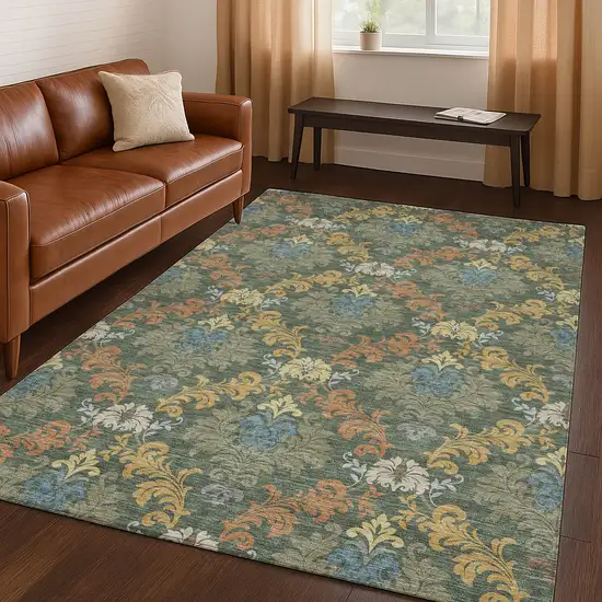 Green And Teal Blue Damask Washable Indoor Outdoor Area Rug Photo 5