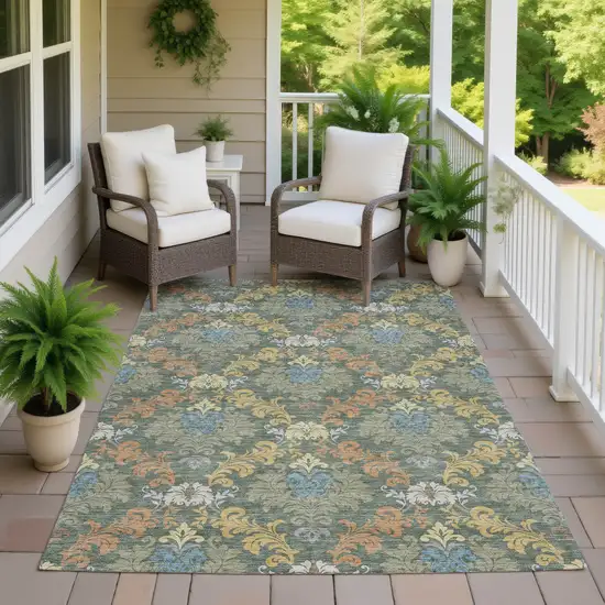 Green And Teal Blue Damask Washable Indoor Outdoor Area Rug Photo 7
