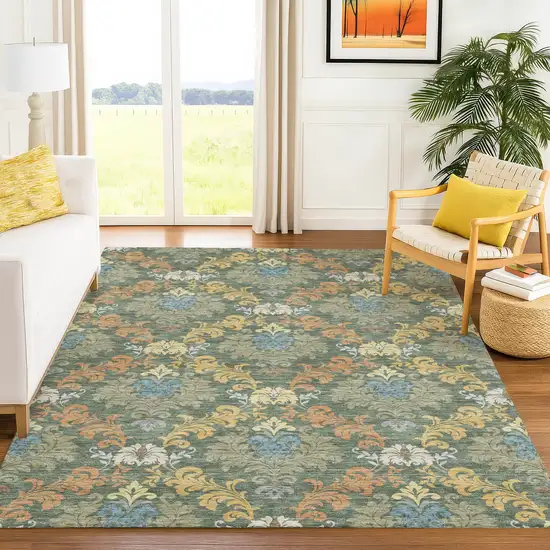 Green And Teal Blue Damask Washable Indoor Outdoor Area Rug Photo 6