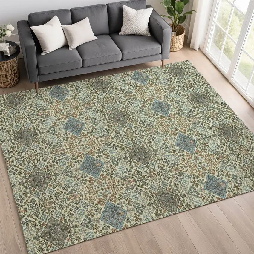 Green And Teal Blue Geometric Washable Indoor Outdoor Area Rug Photo 6