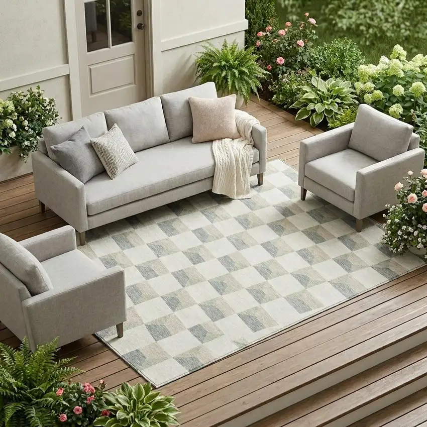 Green And Teal Blue Geometric Washable Indoor Outdoor Area Rug Photo 1
