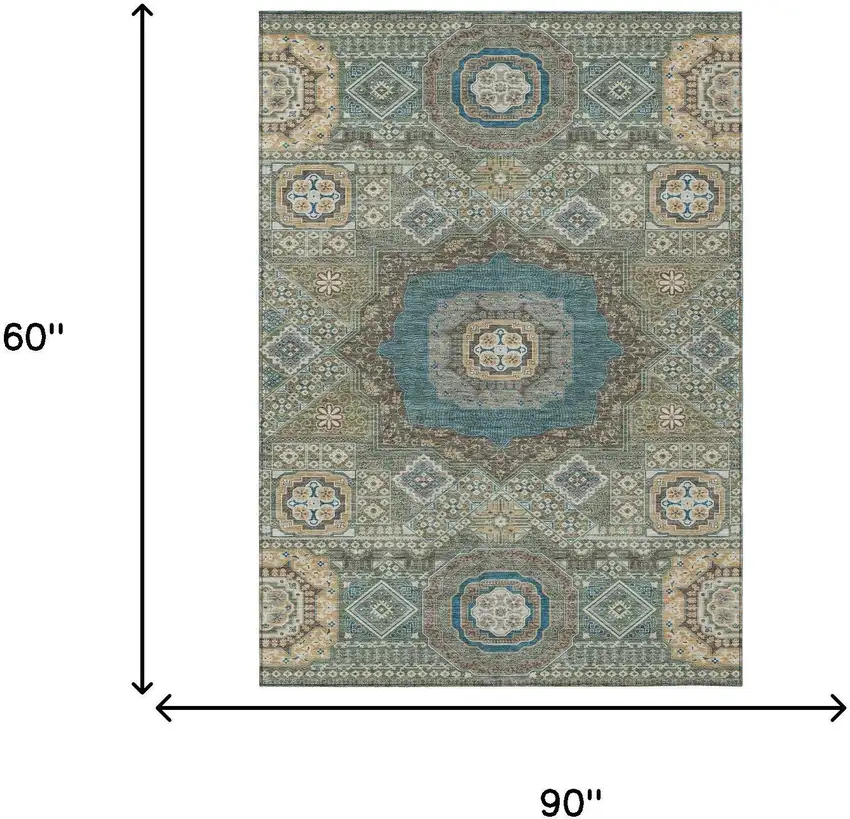 Green And Teal Blue Oriental Washable Indoor Outdoor Area Rug Photo 7