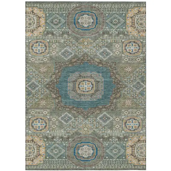 Green And Teal Blue Oriental Washable Indoor Outdoor Area Rug Photo 2