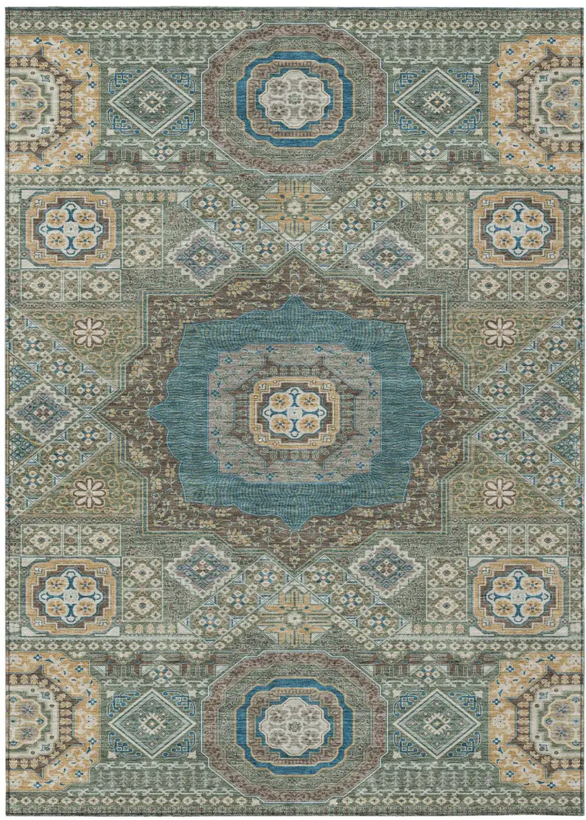 Green And Teal Blue Oriental Washable Indoor Outdoor Area Rug Photo 2