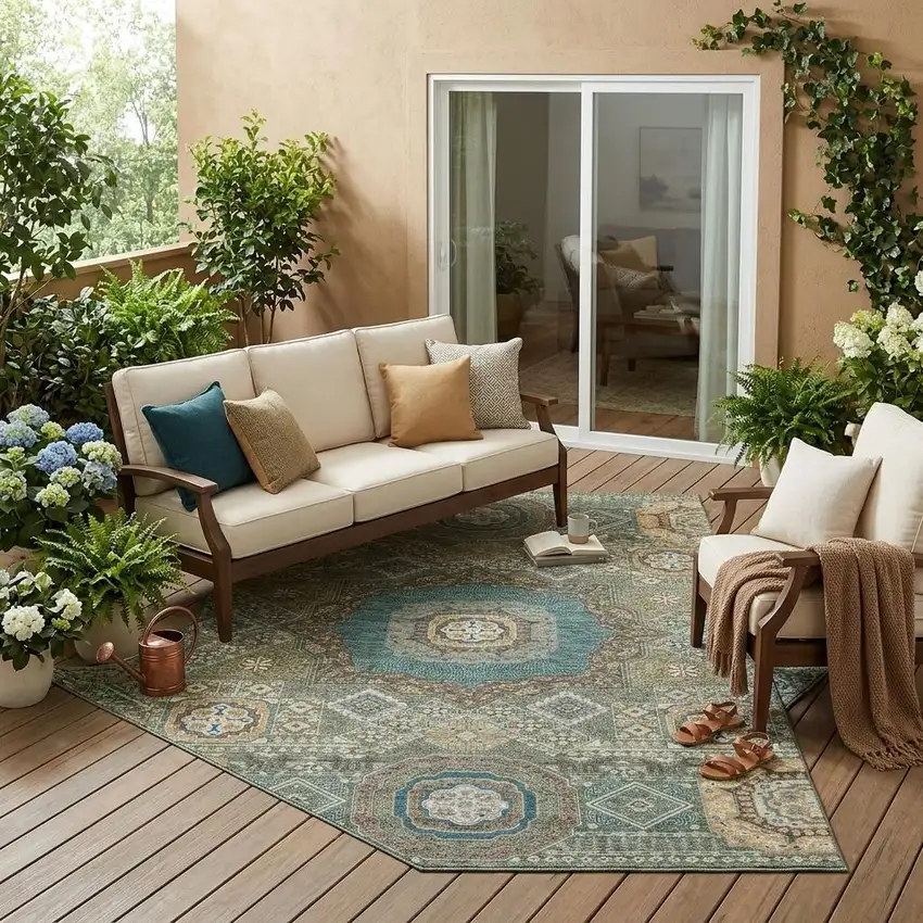Green And Teal Blue Oriental Washable Indoor Outdoor Area Rug Photo 1