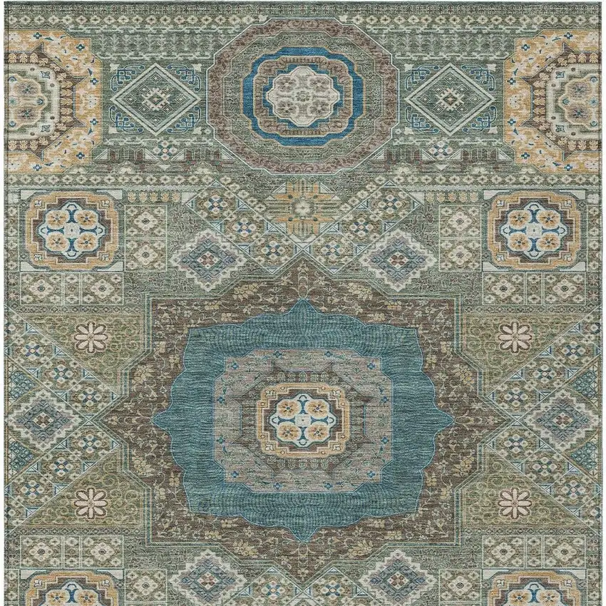 Green And Teal Blue Oriental Washable Indoor Outdoor Area Rug Photo 4