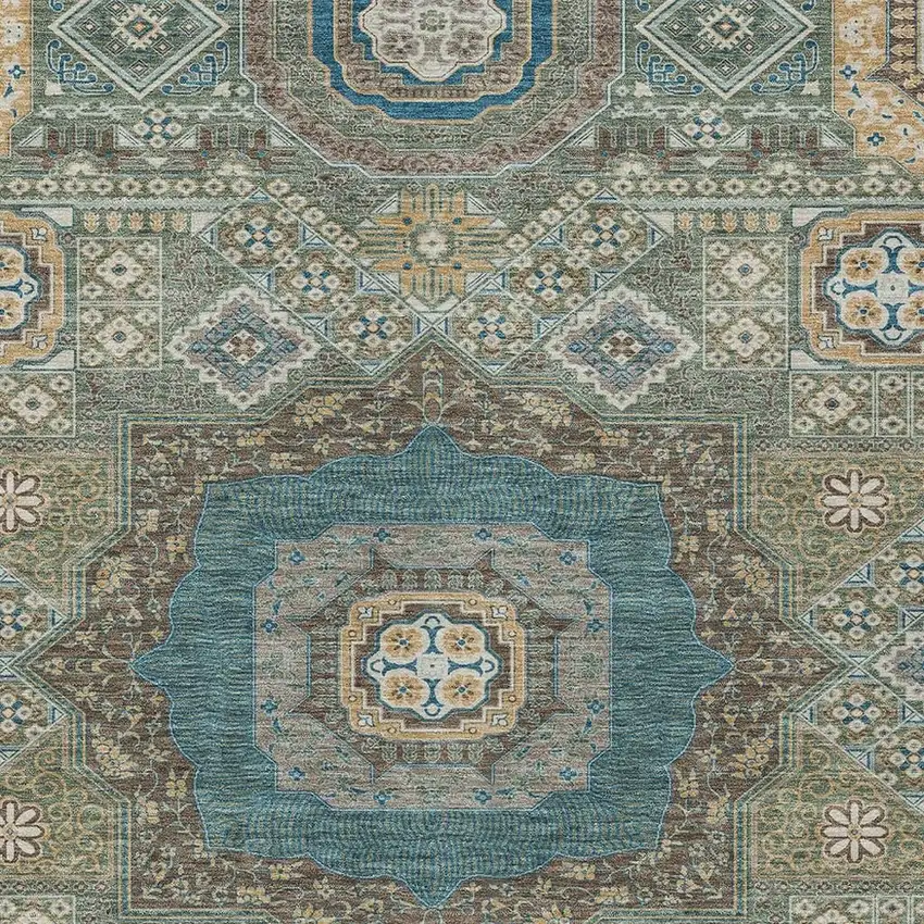 Green And Teal Blue Oriental Washable Indoor Outdoor Area Rug Photo 3