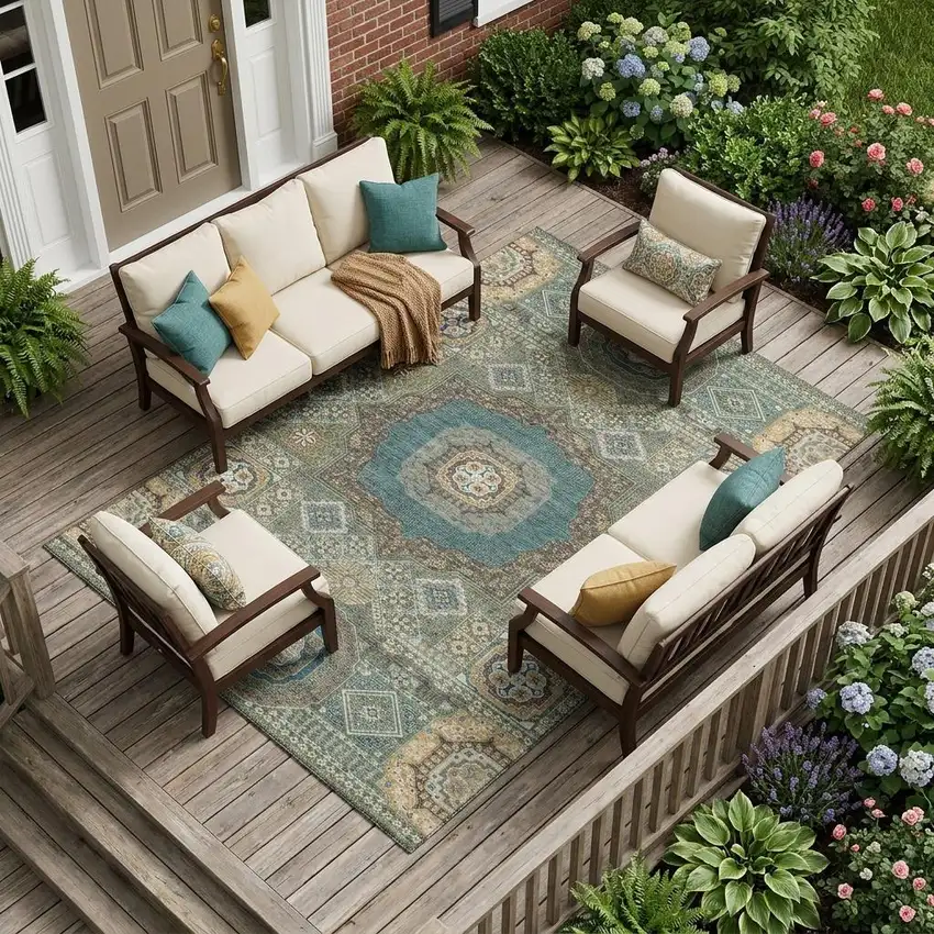 Green And Teal Blue Oriental Washable Indoor Outdoor Area Rug Photo 1
