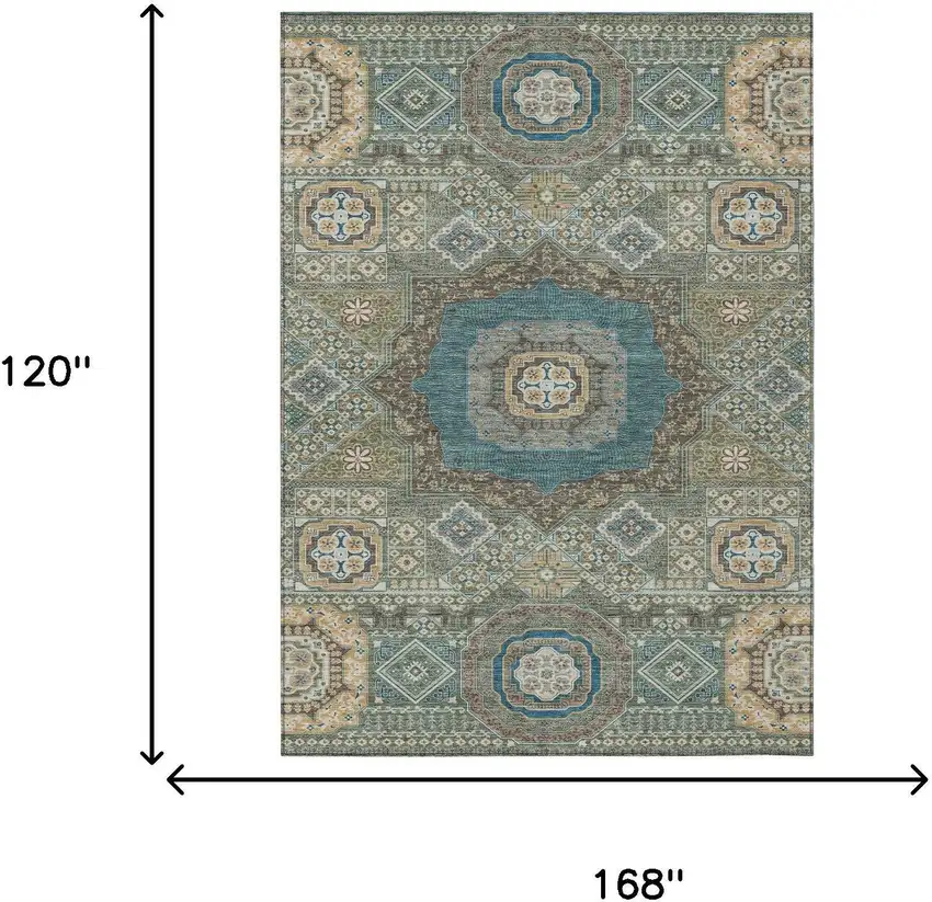 Green And Teal Blue Oriental Washable Indoor Outdoor Area Rug Photo 7
