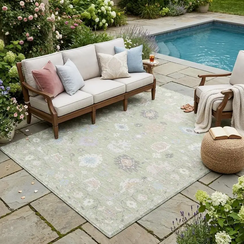 Green And Teal Blue Oriental Washable Indoor Outdoor Area Rug Photo 1