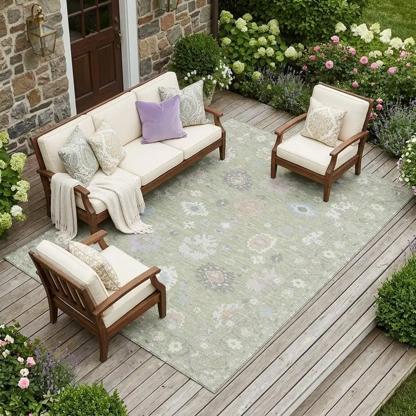 Green And Teal Blue Oriental Washable Indoor Outdoor Area Rug Photo 1