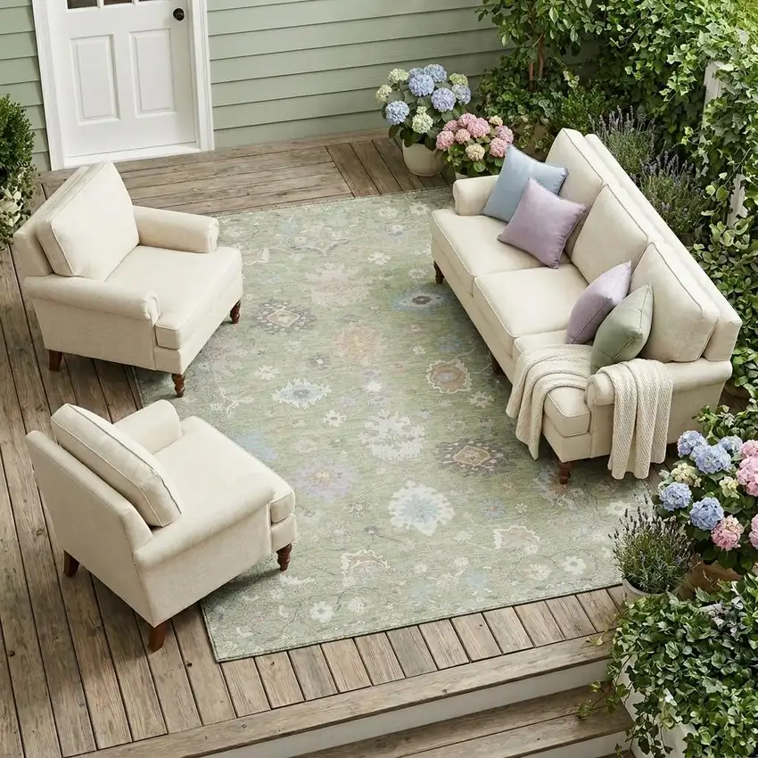 Green And Teal Blue Oriental Washable Indoor Outdoor Area Rug Photo 1