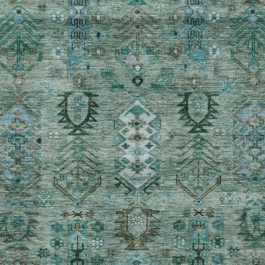 Green And Teal Blue Tribal Washable Indoor Outdoor Area Rug Photo 4