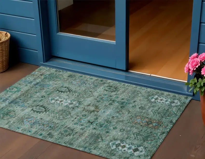 Green And Teal Blue Tribal Washable Indoor Outdoor Area Rug Photo 2
