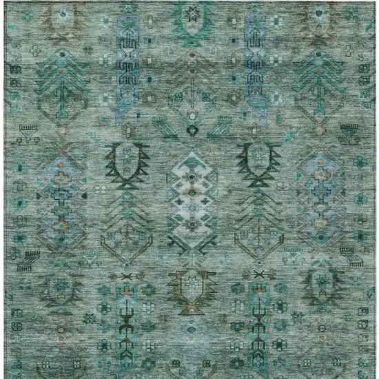 Green And Teal Blue Tribal Washable Indoor Outdoor Area Rug Photo 3