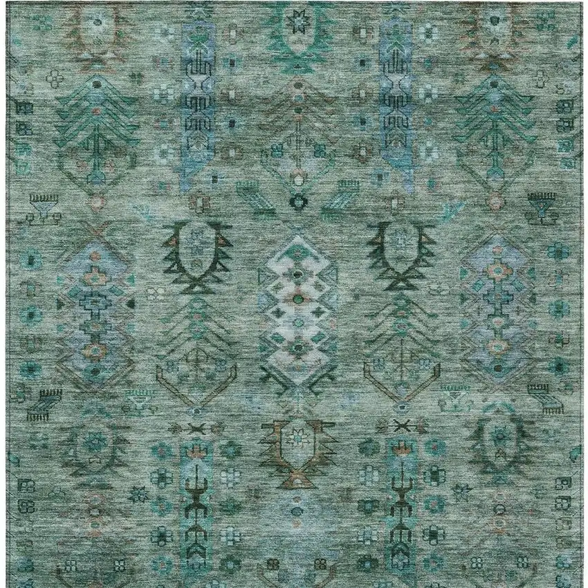Green And Teal Blue Tribal Washable Indoor Outdoor Area Rug Photo 3
