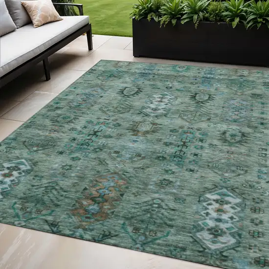 Green And Teal Blue Tribal Washable Indoor Outdoor Area Rug Photo 2